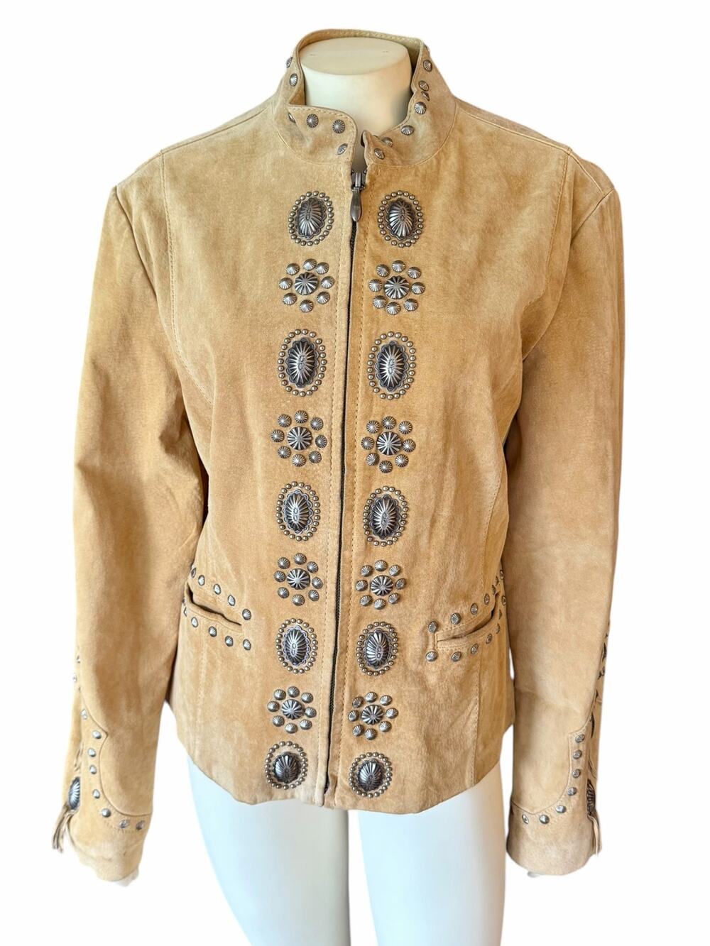 Cripple Creek Women Suede Leather Jacket Large Tan Concho Studded Fringe Western